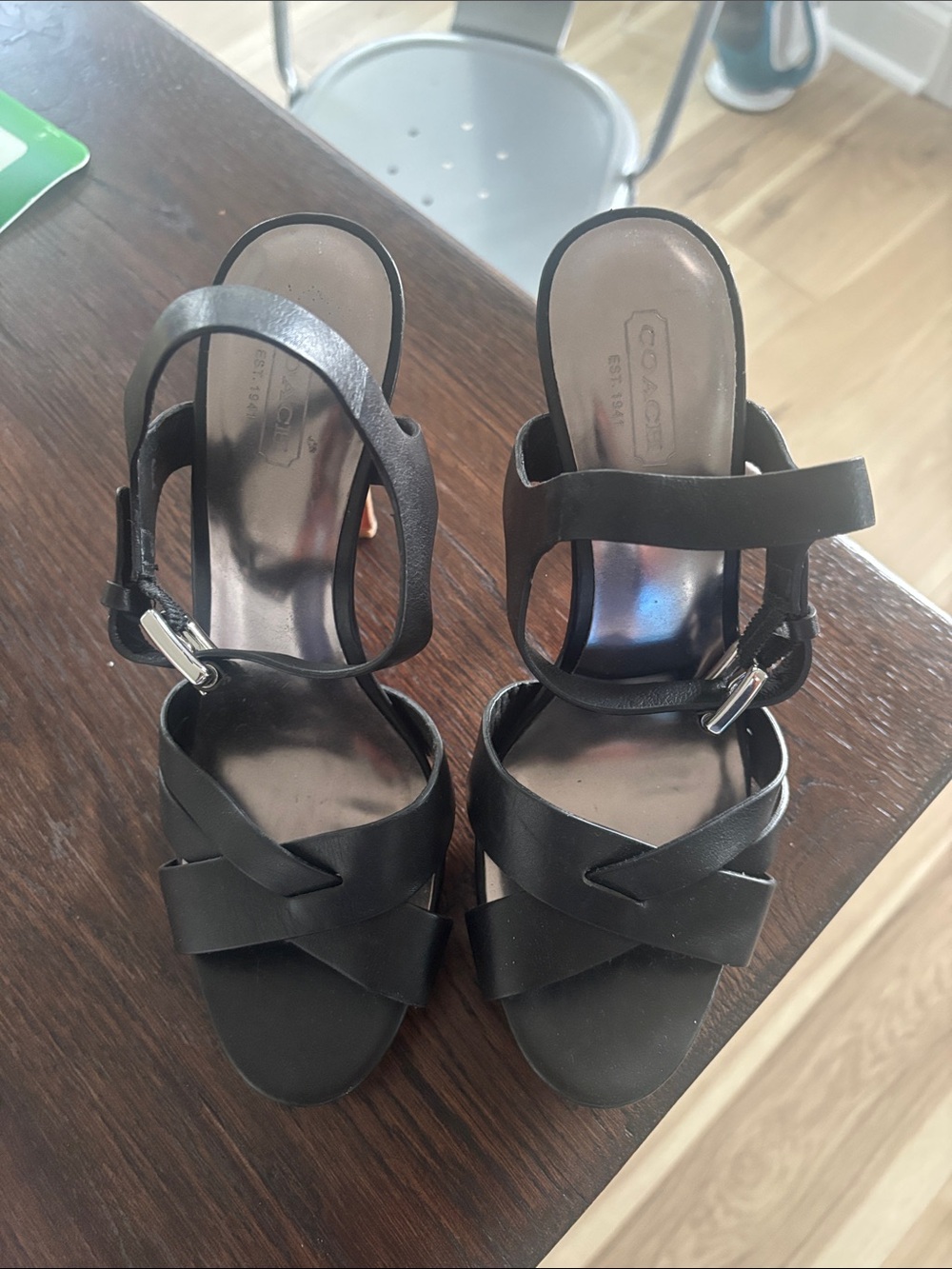 Coach Black Leather Crisscross Ankle-Strap Heels with Silver Buckles Size 8 - Picture 1 of 3